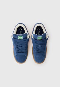 Plave suede teniske s teksturiranom površinom, okruglim vrhom i bež gumenim đonom. Imaju vezanje na pertle i zeleni Puma logo na jeziku.