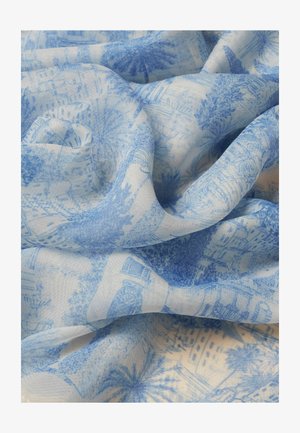 Light fabric with detailed blue sketches of buildings, trees, and outdoor scenes, softly folded to show texture and print pattern.