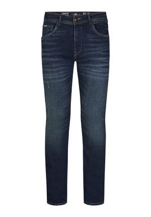Blugi din denim de un albastru închis, cu o croială slim, având un efect de spălare subtil, accente cusute și un design tradițional cu cinci buzunare.