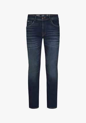 Dunkelblaue Jeans aus Denim mit Slim Fit, die eine subtile Waschung, gestickte Akzente und ein traditionelles Fünf-Taschen-Design aufweisen.