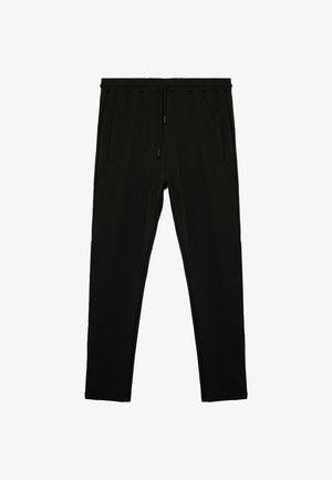 Schwarze Jogginghosen aus glattem Stoff, mit einem elastischen Bund und Kordelzug, seitlichen Taschen und schmal zulaufenden Beinen.
