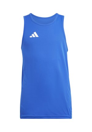 Débardeur de sport bleu sans manches avec un logo Adidas blanc en haut à gauche de la poitrine.