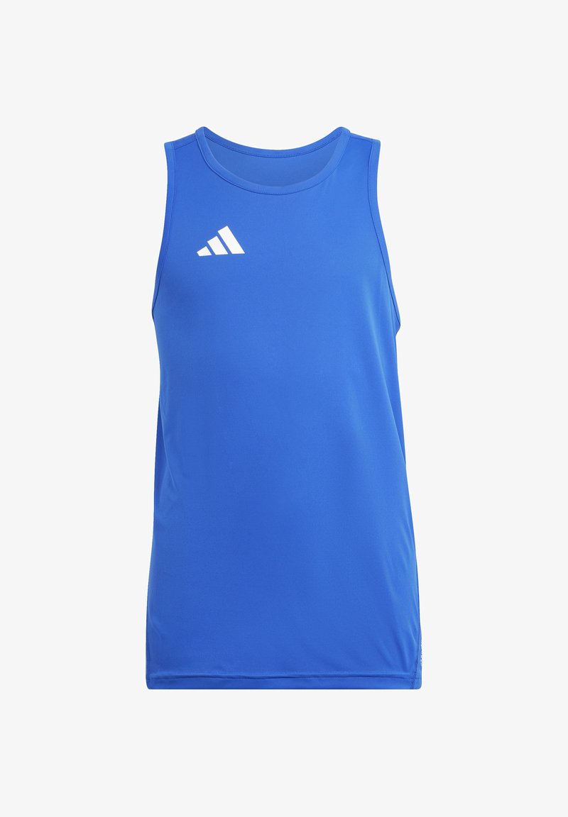 Débardeur de sport bleu sans manches avec un logo Adidas blanc en haut à gauche de la poitrine.