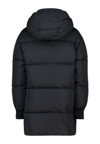 Abrigo largo negro acolchado con quilting horizontal y capucha adjunta, visto desde la parte posterior.