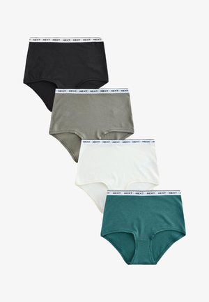 Štyri páry dámskych vysokých nohavičiek v čiernej, sivej, bielej a tyrkysovej farbe, každé s bielym pásom s nápisom „NEXT".