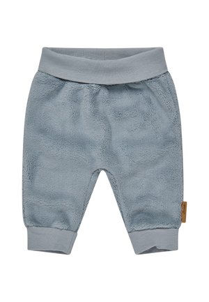 Soft blue baby pants with elastic waistband and cuffs, made from plush fabric, shown flat on a white background.