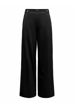 Pantalon large noir à la texture lisse, avec deux boutons décoratifs à la ceinture et des poches latérales.