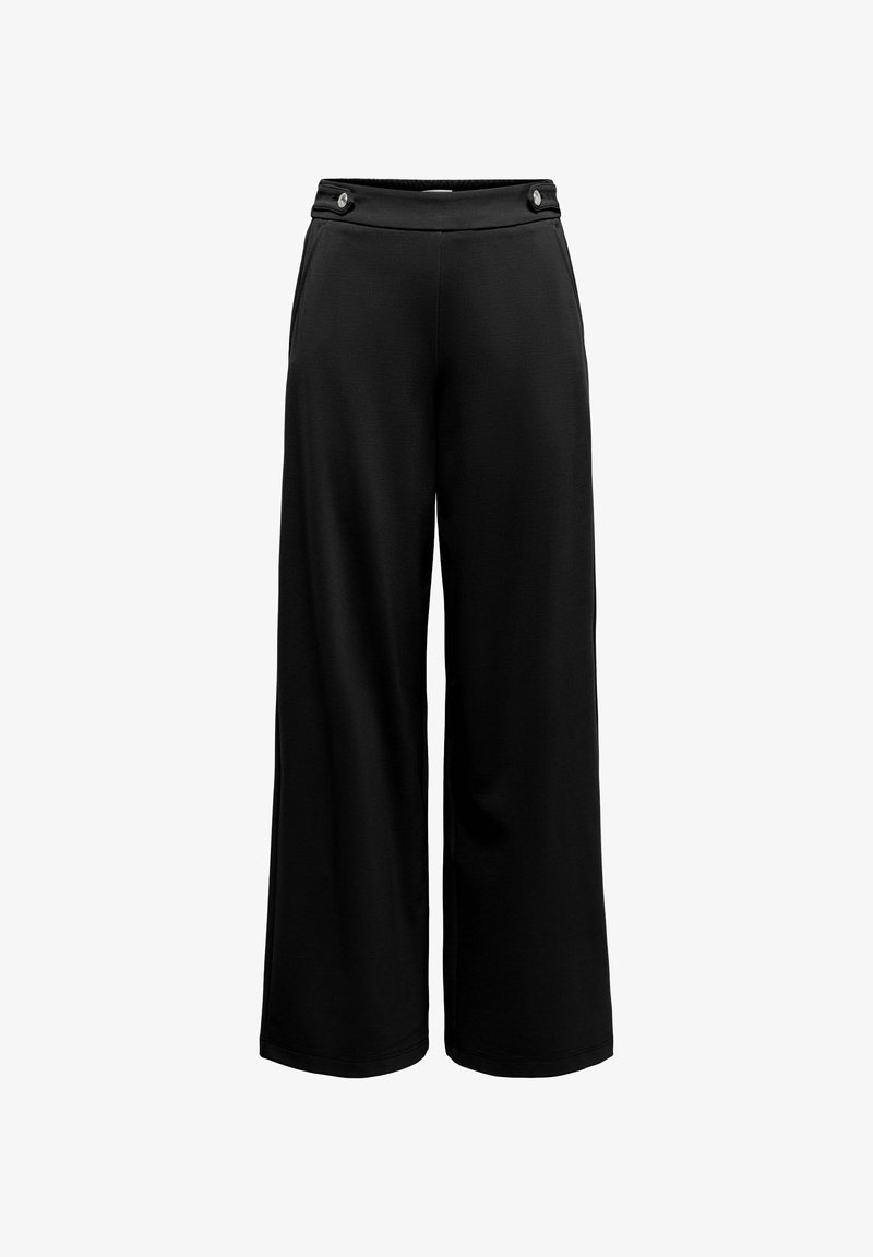 Pantalon large noir à la texture lisse, avec deux boutons décoratifs à la ceinture et des poches latérales.