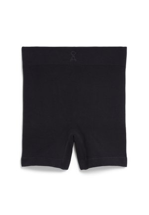 Schwarze Stretch-Shorts mit gerippter Struktur und elastischem Bund. Oben befindet sich ein geprägtes Logo. Das Design ist schlicht und eng anliegend.
