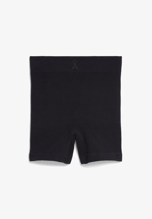 Schwarze Stretch-Shorts mit gerippter Struktur und elastischem Bund. Oben befindet sich ein geprägtes Logo. Das Design ist schlicht und eng anliegend.