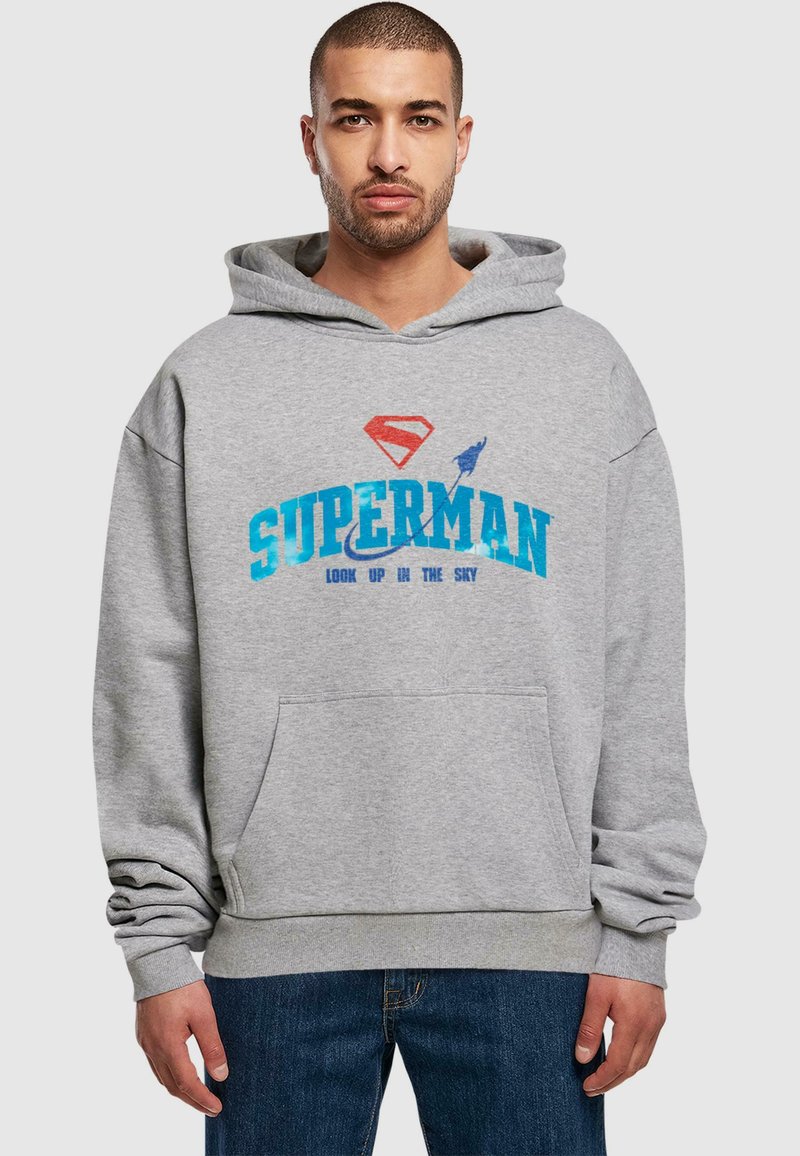 Gray hooded sweatshirt with front pocket, featuring a blue "SUPER" text and Superman emblem in red, with "LOOK UP IN THE SKY" below.