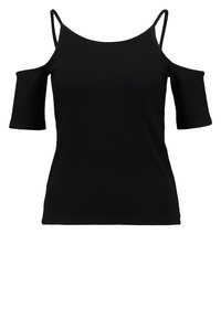 Top negro de canalé con diseño de hombros descubiertos, tirantes finos y mangas cortas. Textura suave, forma ajustada.