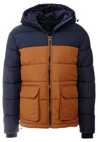 Kurtka ocieplana z granatową górną i brązową dolną częścią. Posiada kaptur, przedni zamek błyskawiczny oraz dwie duże kieszenie z patkami.