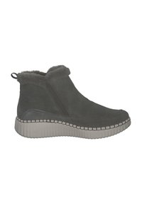 Bottines en suède gris avec doublure en polaire, panneaux latéraux élastiques et semelle en caoutchouc blanche épaisse avec des accents cousus.