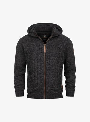 Hanorac negru cu fermoar, cu un model tricotat în cabluri, având glugă, manșete și tiv cu nervuri, și detalii cu fermoar bronzat. Fabricat dintr-un material texturat.