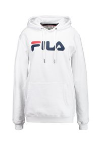 Felpa bianca con cappuccio, tasca frontale e coulisse, decorata con il logo FILA in rosso e blu. Realizzata in morbido e confortevole tessuto.