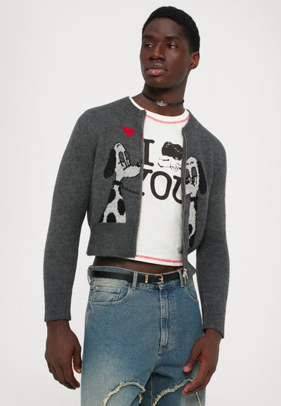 Junger Mann, der eine kurz geschnittene graue Strickjacke mit Hundemustern über einem weißen Grafik-T-Shirt und zerrissenen blauen Jeans trägt, und sich vor einem schlichten Hintergrund in Pose wirft.