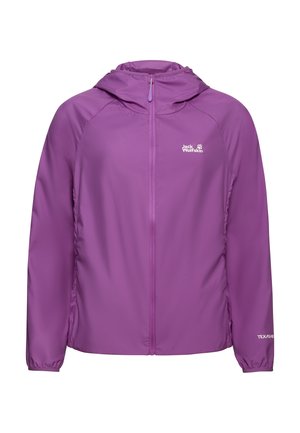 Lichtpaarse waterdichte jas met capuchon, volledige ritssluiting en elastische manchetten. Voorzien van een logo op de borst en een gladde textuur.