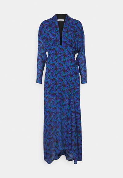Robe longue avec un motif abstrait bleu et violet, à manches longues et décolleté en V, en tissu fluide pour un ajustement décontracté.
