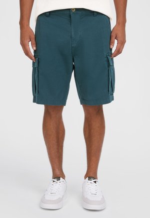 Teal cargo shorts dengan penutupan kancing, saku samping, dan potongan santai. Terbuat dari kain ringan, cocok untuk dipakai di acara santai.