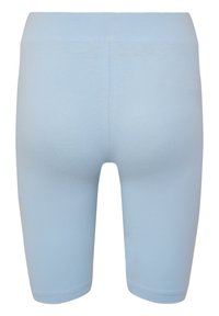 Lichtblauwe, rekbare fietsbroekjes gemaakt van gladde stof. Kenmerkt zich door een hoge tailleband en een knielange snit met een naadloze achterkant.