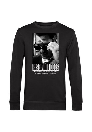 Sudadera negra de manga larga con un gráfico impreso en blanco y negro que incluye texto de "Reservoir Dogs" y un personaje usando gafas de sol.
