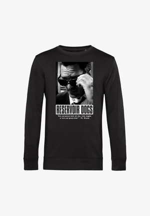 Sudadera negra de manga larga con un gráfico impreso en blanco y negro que incluye texto de "Reservoir Dogs" y un personaje usando gafas de sol.
