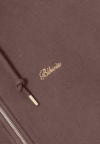 Hoodie w kolorze brązowym, wykonany z gładkiego materiału, z złotą haftowaną grafiką "Blkwist" oraz plecionym sznurkiem ściągającym z metalowym końcem.