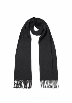 Zwarte sjaal gemaakt van zacht stof, met een eenvoudig ontwerp en afgewerkt met lange franjes aan beide uiteinden. Geborduurd logodetail aan één kant.