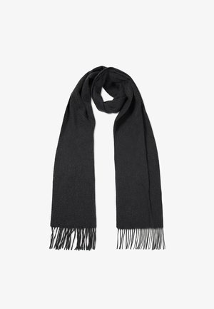 Zwarte sjaal gemaakt van zacht stof, met een eenvoudig ontwerp en afgewerkt met lange franjes aan beide uiteinden. Geborduurd logodetail aan één kant.