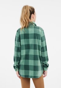Groene geruite flanellen shirt met een kraag, lange mouwen en knoopmanchetten. Heeft afwisselend donkere en lichte groene vierkanten. Zachte textuur.
