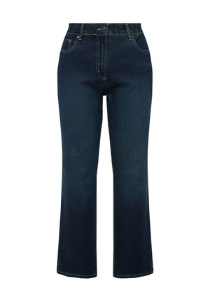 Jeans blu scuro a vita alta con gamba dritta, bottoni frontali, cerniera e design a cinque tasche su sfondo bianco.