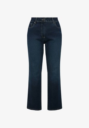 Dunkelblaue High-Waist-Jeans mit geradem Bein, Frontknopf, Reißverschluss und Fünf-Taschen-Design auf weißem Hintergrund.