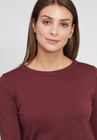 Maglione bordeaux a maglia con scollo rotondo, maniche lunghe e orlo a costine, caratterizzato da una texture liscia e morbida.