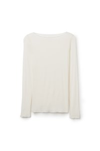 Haut à manches longues de couleur écrue, en tissu doux, avec un large décolleté et une coupe décontractée. L'ourlet présente un bord subtil usé.