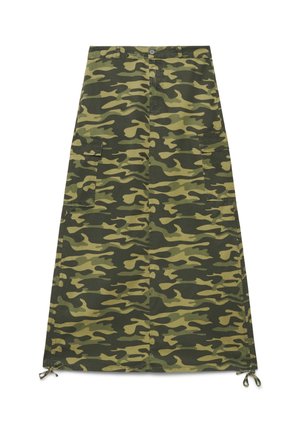 Longue jupe cargo camouflage avec poches devant, fermeture par boutons et cordons réglables à l’ourlet.