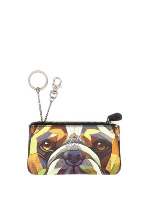 Piccola bustina con cerniera con stampa di un volto di cane geometrico e colorato, con anello portachiavi e moschettone in metallo attaccati, su sfondo bianco.