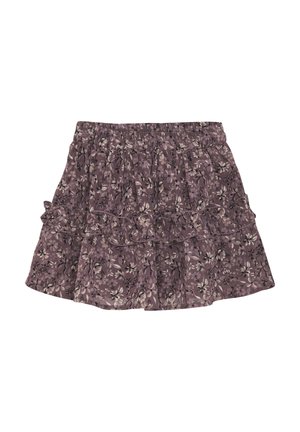 Lila blommig kjol med lager av volanger. Tillverkad av lättviktsmaterial, med en sammanpressad elastisk midja och delikata blommönster.