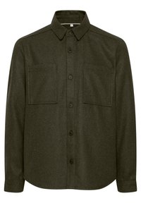 Camicia in flanella verde oliva con colletto a bottoni, due tasche sul petto e orlo dritto. Presenta una texture morbida e un motivo sottile.