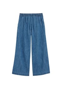 Teksariidest laia lõikega püksid elastse vöökohaga, keskmise sinise tooniga ja sirge, lõdva lõikega. Äär on korralikult viimistletud.