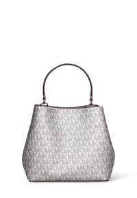 Grote draagtas in grijs gecoat canvas met een subtiel all-over logopatroon, een afgeronde handgreep en een brede opening aan de bovenkant.