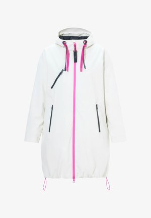 Bílá dlouhá bunda s kapucí s neonově růžovým předním zipem a stahovacími šňůrkami, černé zipové kapsy po stranách a na hrudi.