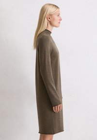 Braunes Strickkleid mit hohem Kragen, langen Ärmeln und lockerem Schnitt, mit geradem Saum und dezenter Textur.