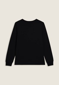 Sweatshirt noir à manches longues avec col rond, fabriqué à partir d'un tissu doux. Présente des poignets et un ourlet côtelés, design simple sans embellissements.
