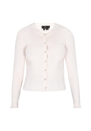 White ribbed cardigan with a round neckline, long sleeves, and scalloped cuffs. Features clear buttons and a soft texture.