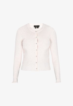 White ribbed cardigan with a round neckline, long sleeves, and scalloped cuffs. Features clear buttons and a soft texture.