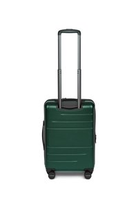 Valigia rigida verde con una finitura textured, due ruote a scorrimento fluido, manico retrattile e scanalature orizzontali sulla superficie.