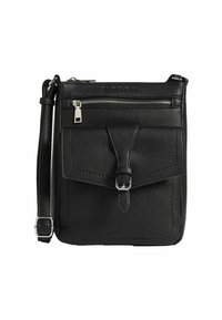 Borsa a tracolla in pelle nera con tasca anteriore a fibbia, tasca superiore con zip e tracolla regolabile.