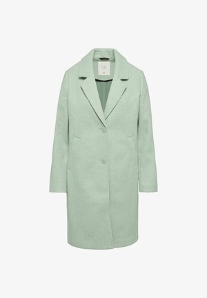 Svijetlozelena vunena kaput s rebrastim kragnom, dva gumba i bočnim džepovima. Ima ravni kroj i mekanu teksturu.