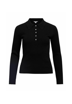 Crni rebrasti polo top s dugim rukavima, ovratnikom i pliseom s pet gumba, s uklapanim krojem i glatkom teksturom.